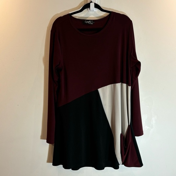 SYMPLI Sz 14 Colour Block Jersey Knit Slinky Slouchy Pocket Boat Neckline Tunic - Picture 2 of 7